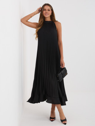 Rochie midi de cocktail neagră cu cordon și volan