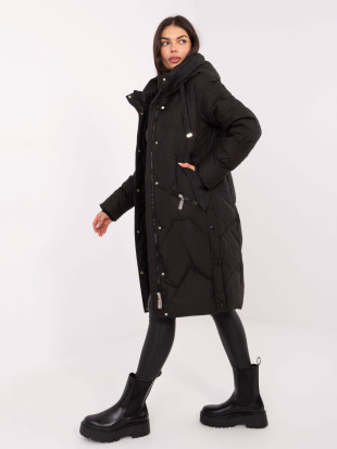 Palton lung negru matlasat cu glugă
