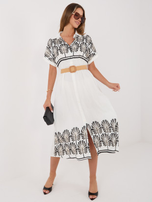 Rochie midi cămașă alb-negru cu broderie și curea