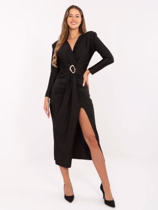 Rochie midi tip creion neagră cu mâneci lungi și decolteu petrecut