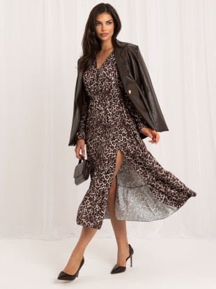 Rochie midi negru-bej cu volan și imprimeu animalier