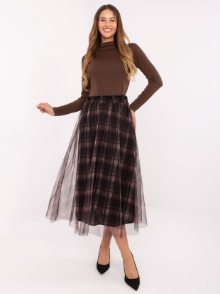 Fustă elegantă din tul negru cu model în carouri, midi