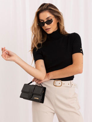 Pulover elegant negru cu mânecă scurtă și guler înalt