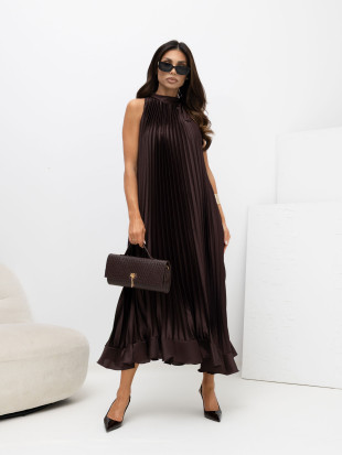 Rochie midi de cocktail cu cordon și volan, maro