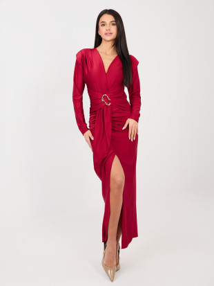 Rochie maxi elegantă roșie cu mâneci lungi și decolteu petrecut