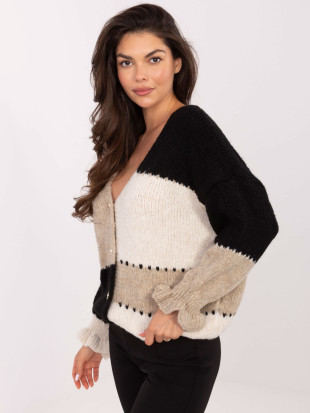 Cardigan negru-bej în dungi cu volan și decolteu în V