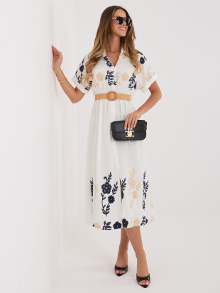 Rochie midi tip cămașă alb-bleumarin cu broderie și curea