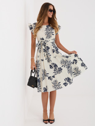 Rochie midi bleumarin cu imprimeu și curea