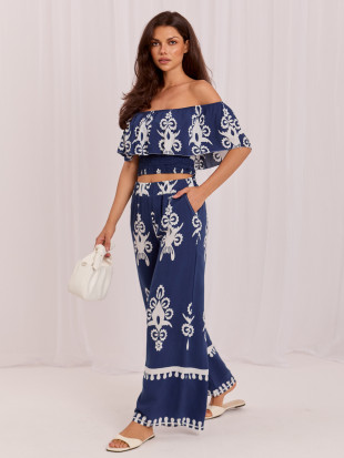 Set boho cu bluză și pantaloni, albastru