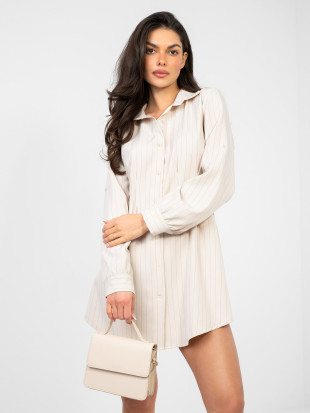 Rochie-cămașă bej cu dungi și guler