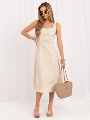 Rochie midi evazată bej deschis fără mâneci