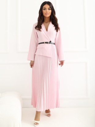 Rochie midi elegantă evazată cu curea și guler, roz