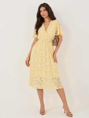 Rochie midi galbenă evazată cu curea