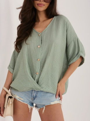 Bluză khaki stilată cu decolteu în V și mâneci scurte