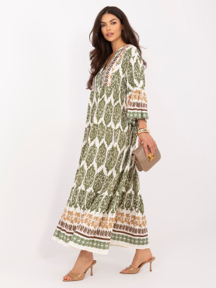 Rochie maxi khaki cu imprimeu și mâneci 3/4
