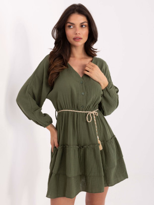 Rochie khaki cu fustă evazată și mâneci lungi