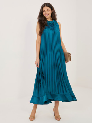 Rochie midi de cocktail albastră cu cordon și volan