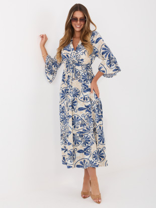 Rochie midi albastră cu imprimeu și cordon