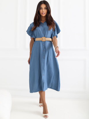 Rochie midi albastră evazată cu curea și volan