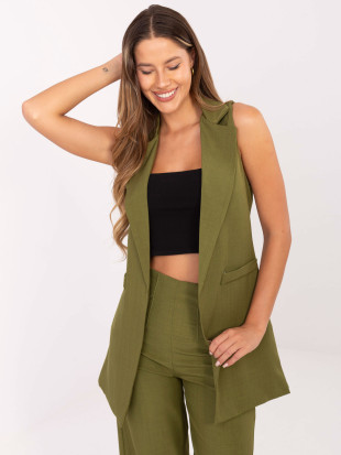 Vestă lungă elegantă verde măsliniu cu căptușeală
