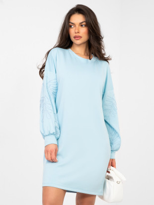 Rochie mini bleu cu broderie și mâneci bufante