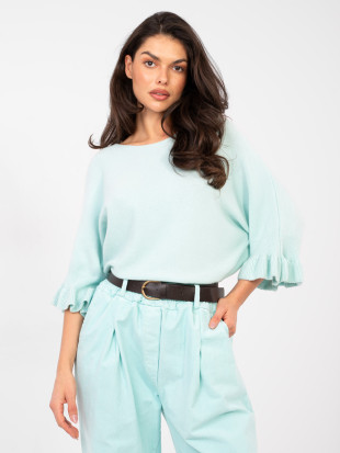 Pulover elegant albastru deschis cu volan și mânecă 3/4