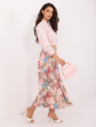 Fustă midi roz cu imprimeu floral și curea