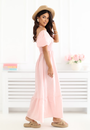 Rochie midi portocalie cu volan și model în carouri