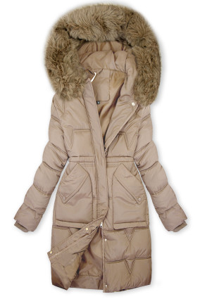 Jachetă lungă de iarnă pentru femei, cu șnur în talie, bej